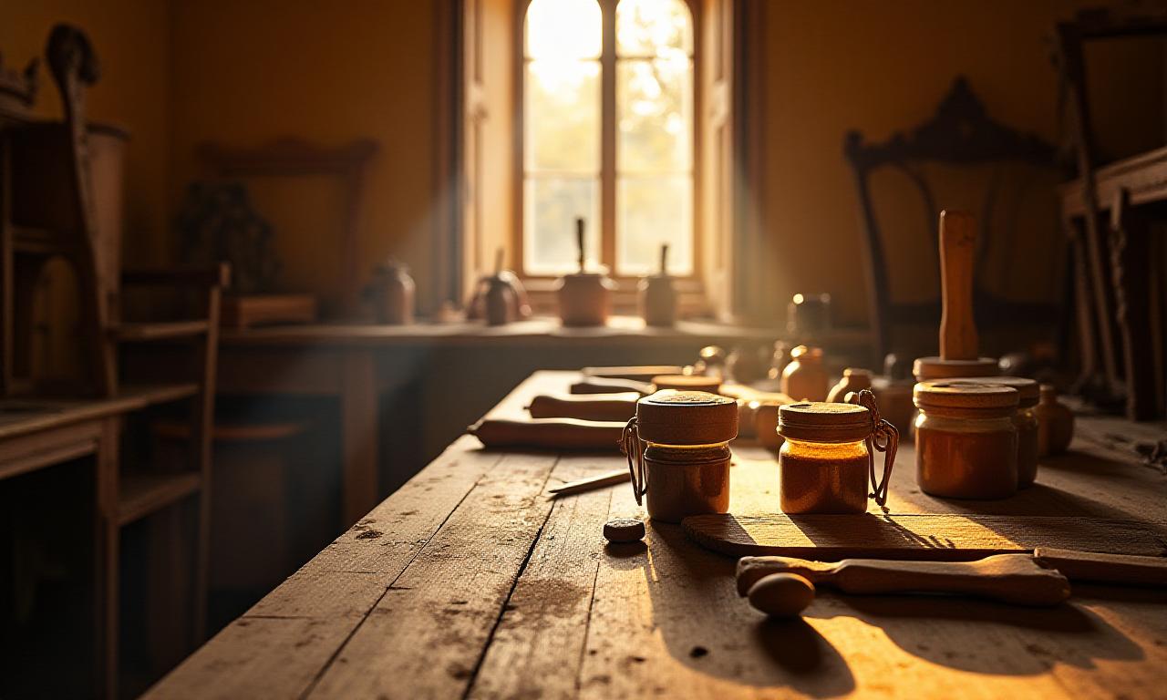 Laboratorio di restauro con attrezzi tradizionali e mobili d'epoca